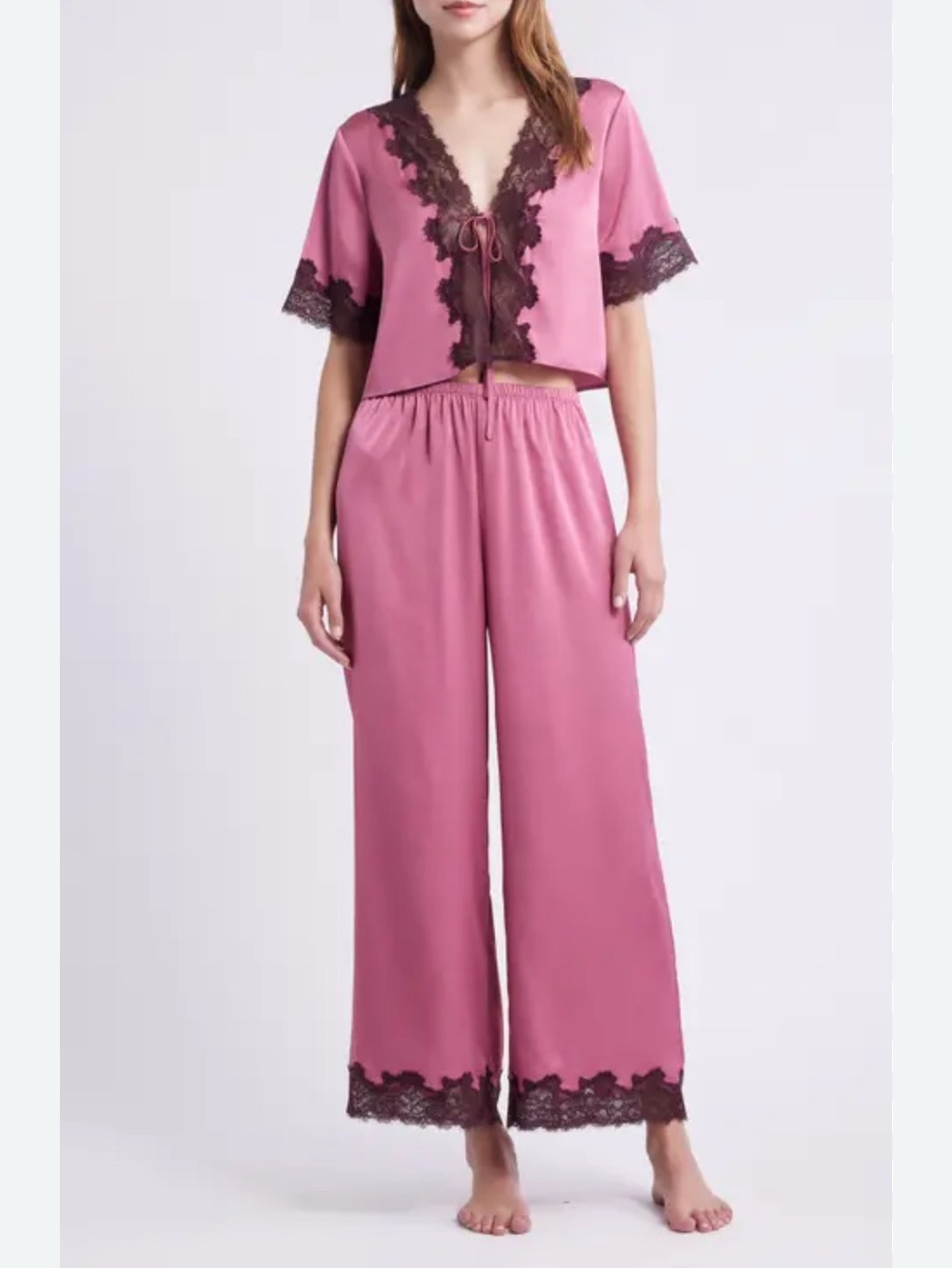 Women's Pink Satin Lace-Trim Pajama Set